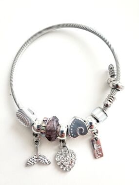 Silver Heart & Charm Cable Bangle Bracelet - Purple Accents